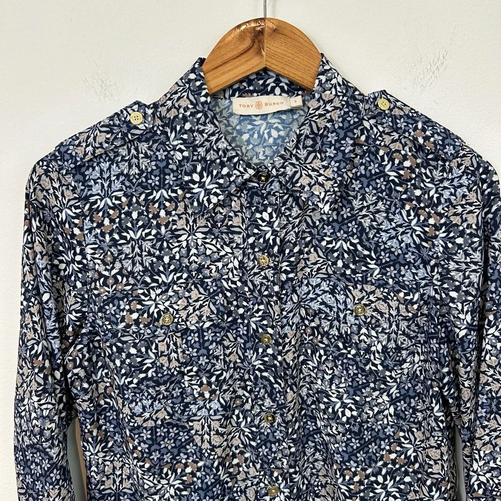 Tory Burch Shirt Size 6 Blue Floral Print Button Up Long Sleeve - Picture 5 of 8